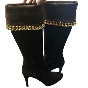 Carisma black and brown  suede boots with Gold Chain accent made in Italy  8.5